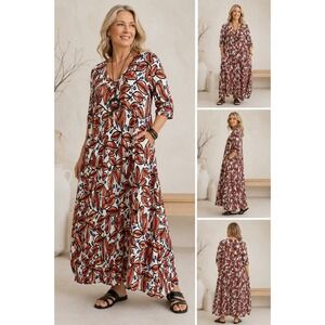 Masai Copenhagen Orange Leaf Print Viscose V-Neck Maxi Dress Lagenlook Large‎